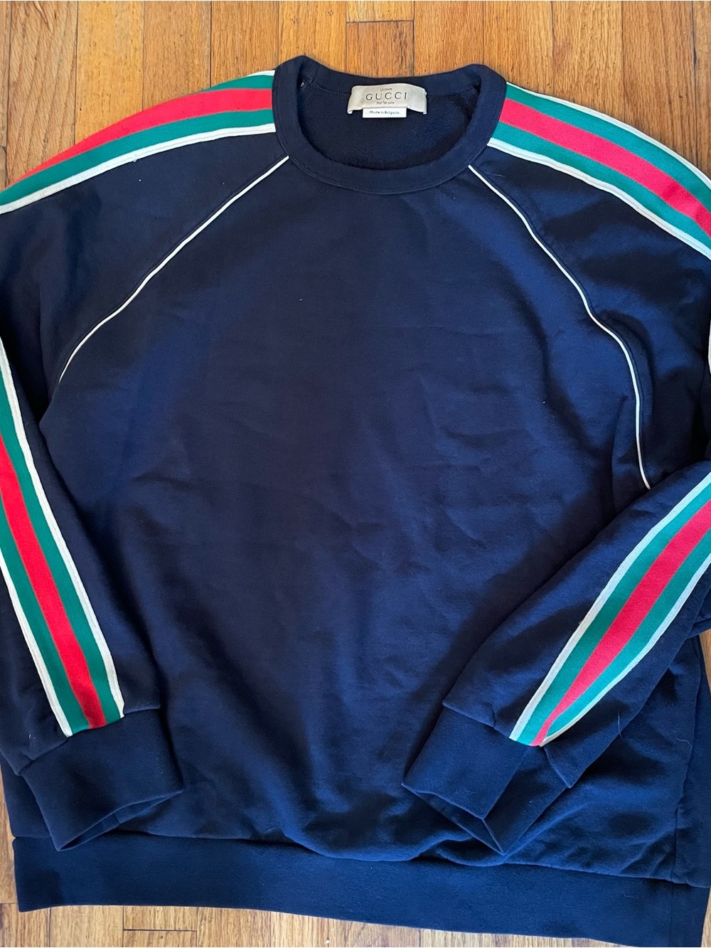 Gucci Navy Crewneck Sweatshirt with Red and Green Sleeve Stripes Size XL